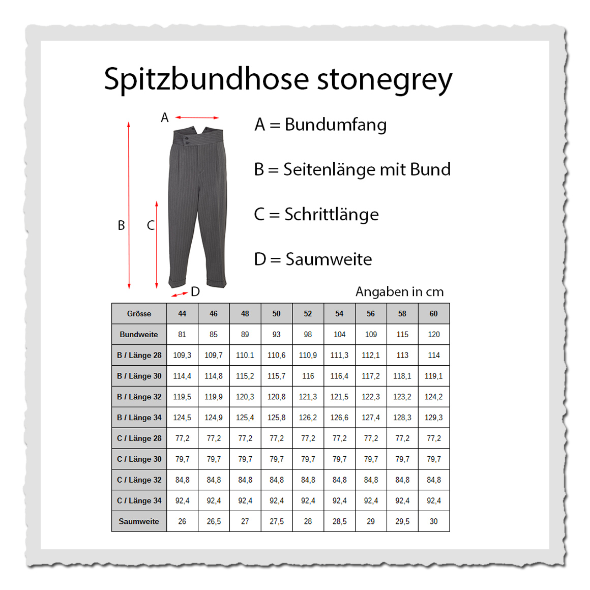 Masstabelle Historische Retronia Hose stonegrey mit hohem Bund und markantem Design